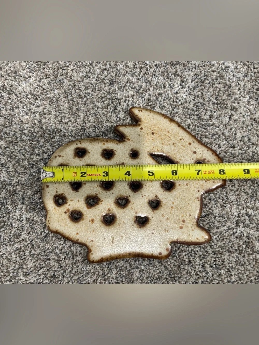 Vintage Stoneware Rabbit Trivet w/Speckled Glaze & Cut-Out Heart Shapes